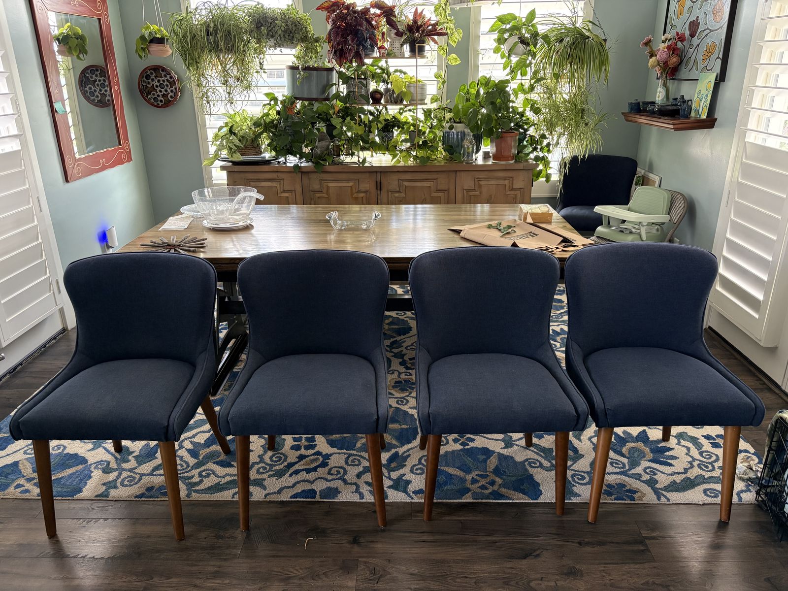 Set of 4 Nice Navy Fabric and Wood Chairs, Dining, Accent, Table Height, in Great Condition!
