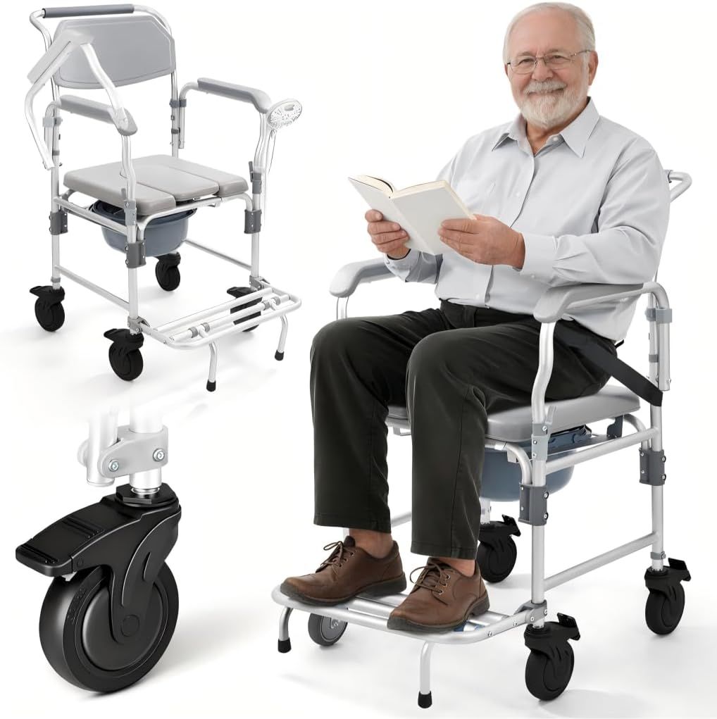 NEW Shower Chair with 5" Enlarged Wheels, 330lbs Heavy Duty Bedside Commode Wheelchair