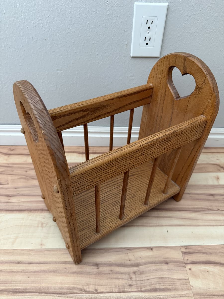 Vintage Solid Wood Magazine Rack with Heart Cutouts - Product of Idaho, USA