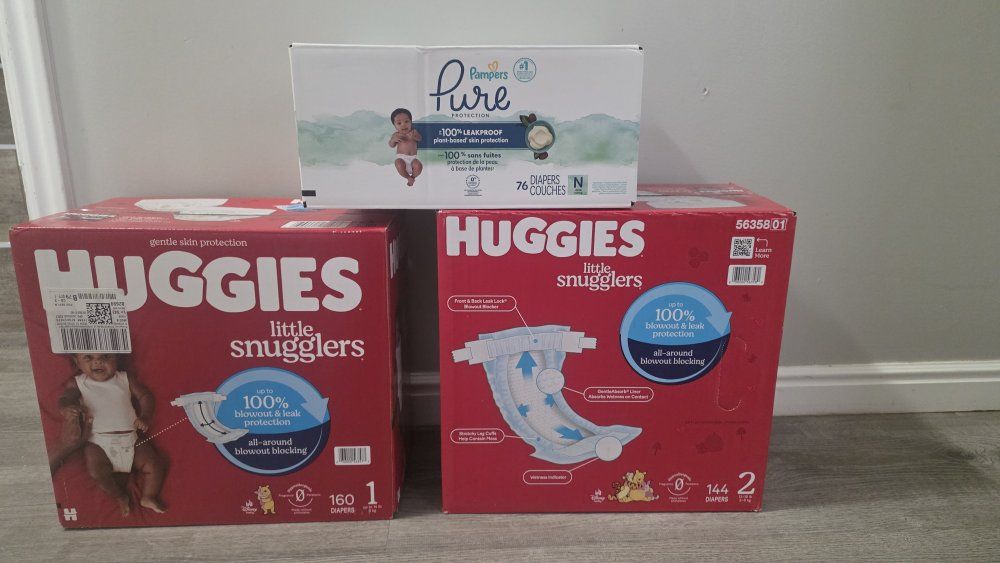 Huggies Little Snugglers Diapers Size 1 (160 ct) & Size 2 (144 ct), Pampers Pure Newborn (76 ct)