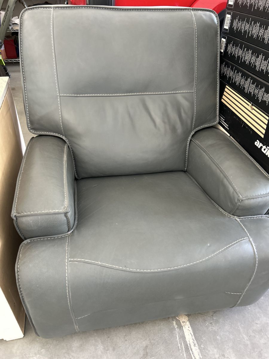 Gray Leather power Recliner Armchair with White Contrast Stitching