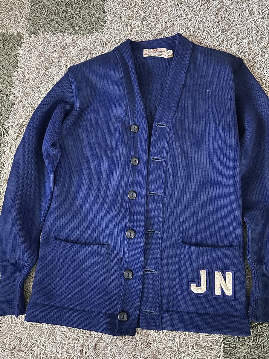 Vintage Royal Blue Cardigan with "JN" Patch - Classic Knit Sweater