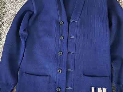 Vintage Royal Blue Cardigan with "JN" Patch - Classic Knit Sweater