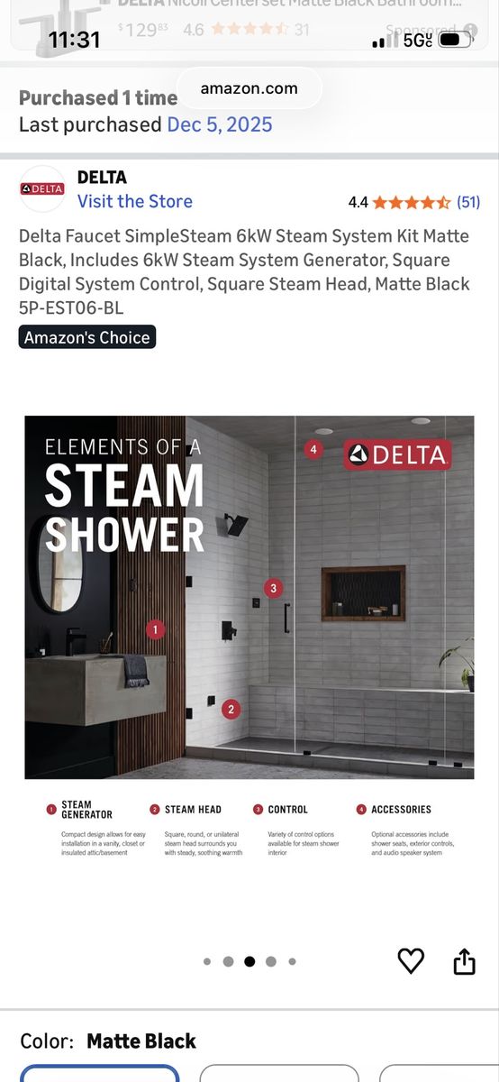 Delta Faucet SimpleSteam 6kW Steam System Kit, Matte Black, Digital Control, Square Steam Head