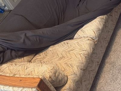 Vintage Textured Fabric Couch with Wooden Trim and Removable Cushions