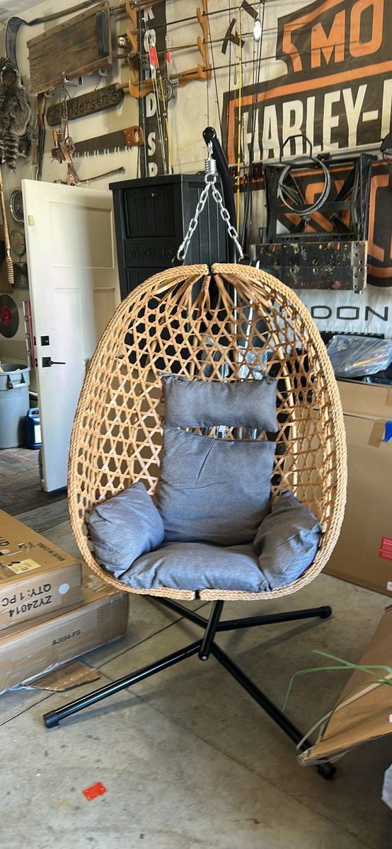 Outdoor Wicker Hanging Egg Chair with Stand and Grey Cushions