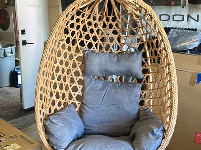 Outdoor Wicker Hanging Egg Chair with Stand and Grey Cushions