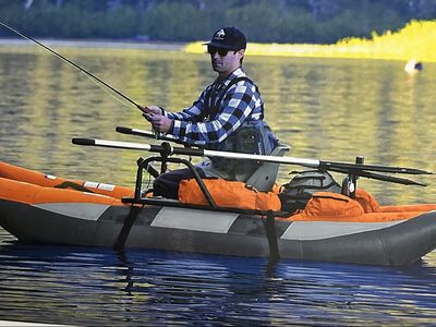 Classic Accessories Wilderness 9ft Fishing Pontoon Boat - Padded Swivel Seat, Oars, Motor Mount
