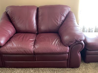 Free until July 25th! Maroon Faux Leather Loveseat (cut in back)