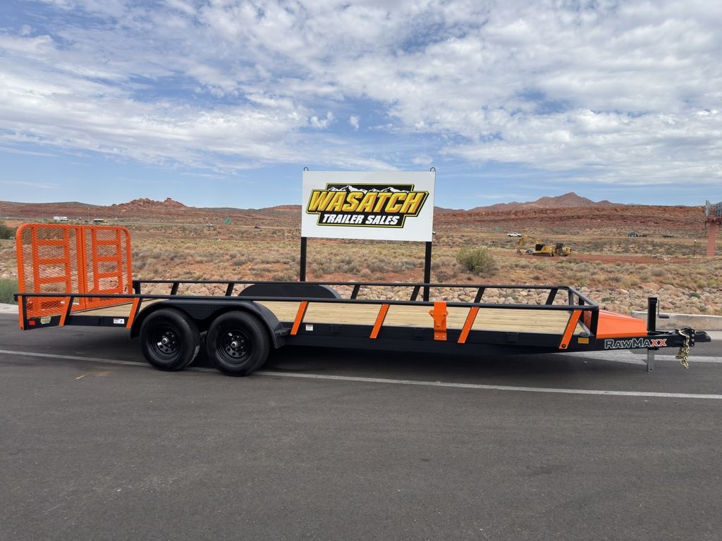 2027 RawMaxx Black and Orange 7 X 22 Split Ramp Utility Flatbed Trailer 10K