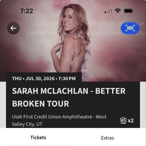 Sarah McLachlan Better Broken Tour Concert Tickets - Utah First Credit Union Amphitheatre (x2) for Thursday