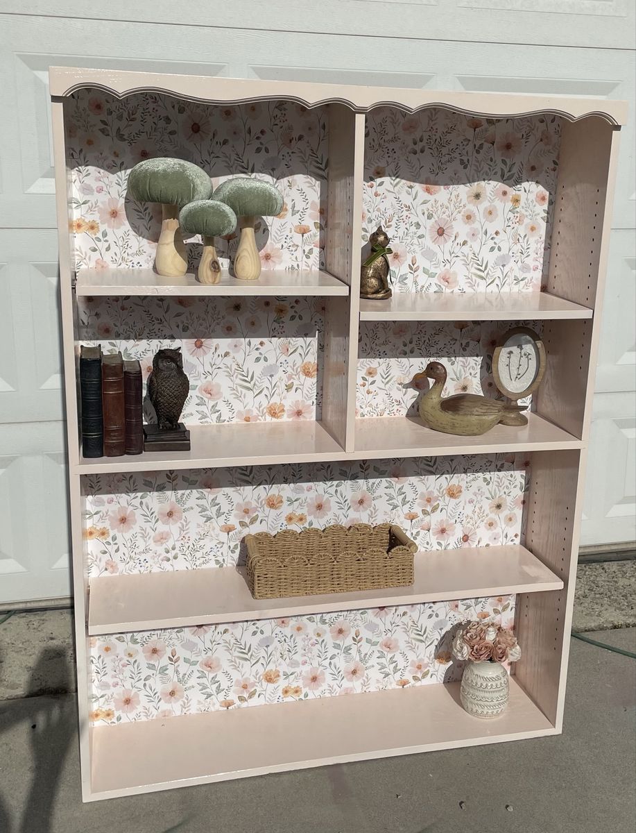 Shabby Chic Blush Pink Bookshelf with Floral Backing - Adjustable Shelves
