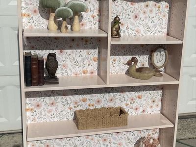 Shabby Chic Blush Pink Bookshelf with Floral Backing - Adjustable Shelves