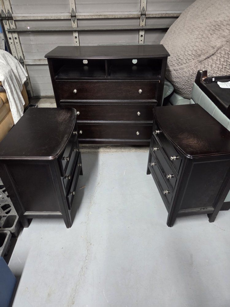 Dark Wood Dresser/TV Stand, Chest, and 2 Nightstands Set - Storage & Bedroom Furniture