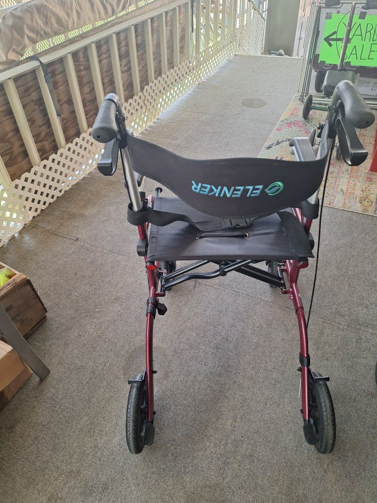 ELENKER Upright Walker Folding Rollator with Seat and Armrests - Burgundy