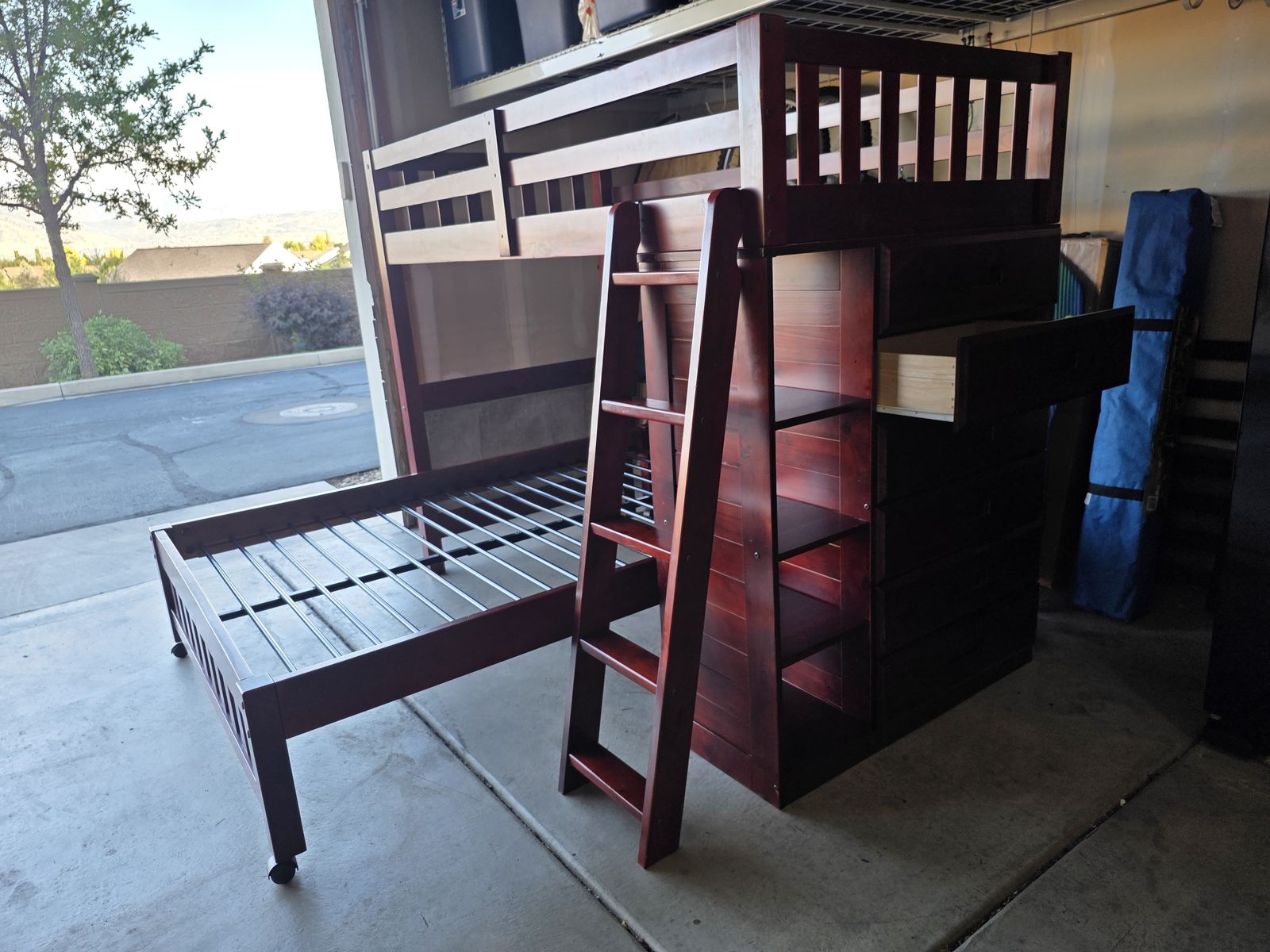 Wooden Bunk Bed Frame with Built-in Drawers, Shelves, and Ladder - Dark Cherry