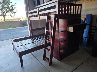 Wooden Bunk Bed Frame with Built-in Drawers, Shelves, and Ladder - Dark Cherry