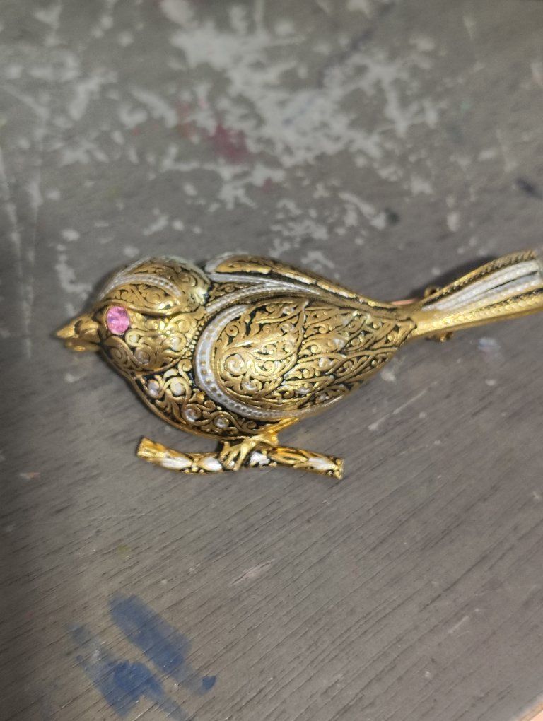 Vintage Ornate Bird Brooch Pin with Pink Rhinestone Eye