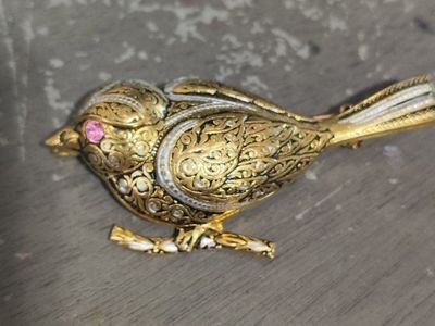 Vintage Ornate Bird Brooch Pin with Pink Rhinestone Eye