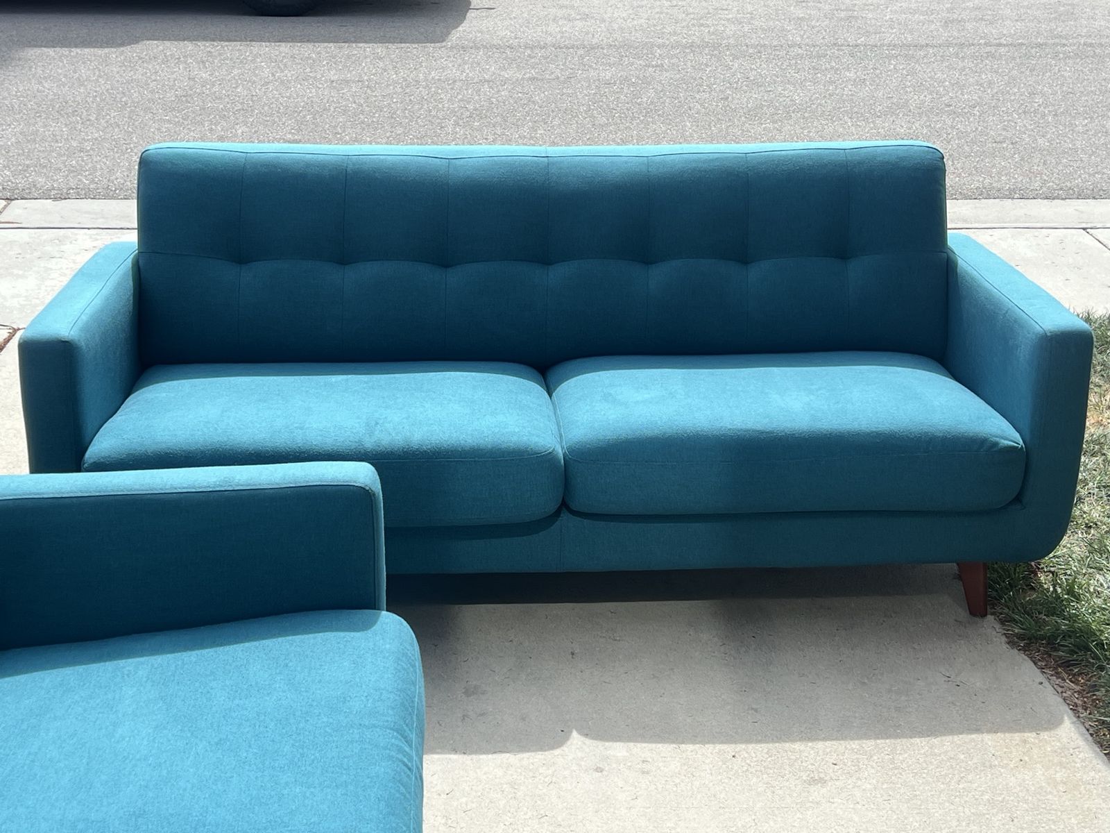 Mid-Century Modern Blue Fabric Sofa with Wooden Legs