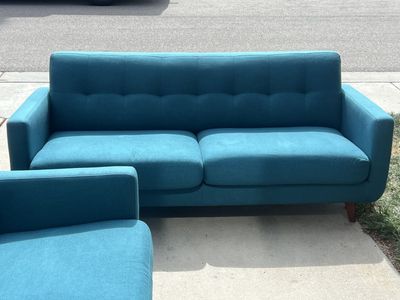 Mid-Century Modern Blue Fabric Sofa with Wooden Legs