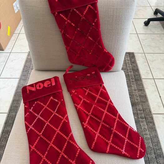 SET OF 3 RED VELVET CHRISTMAS STOCKINGS