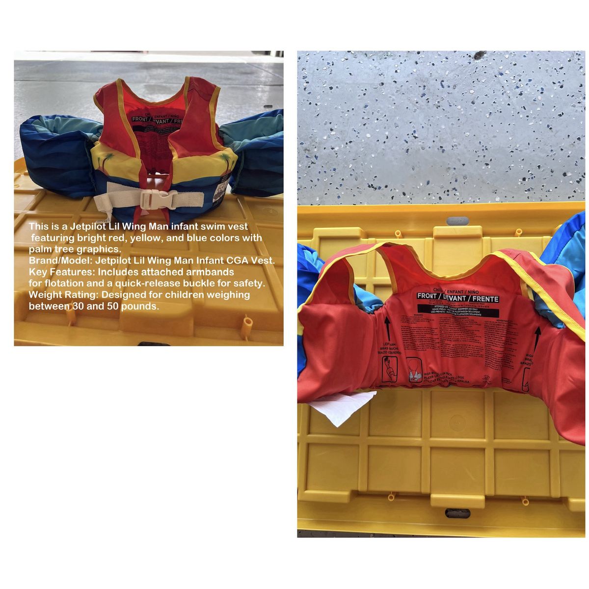 Jetpilot Lil Wing Man Infant CGA Swim Vest - Red/Yellow/Blue - Armbands & Quick-Release - 30-50 lbs