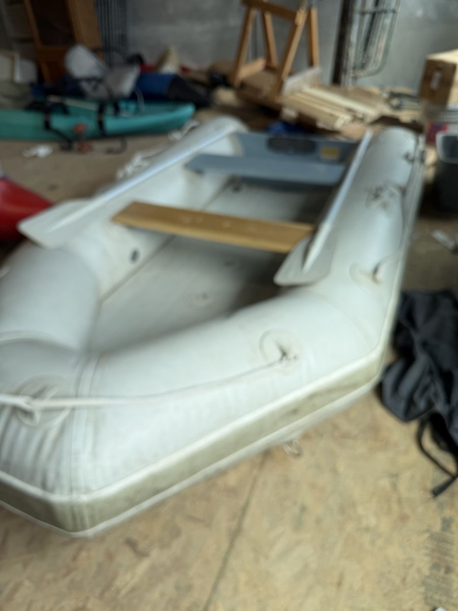 Used Inflatable Dinghy Boat with Oars and Wood Seat