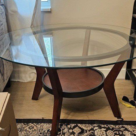 Modern Glass Top Coffee Table with Wood Base and Shelf