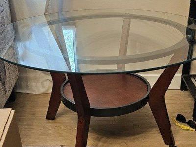 Modern Glass Top Coffee Table with Wood Base and Shelf