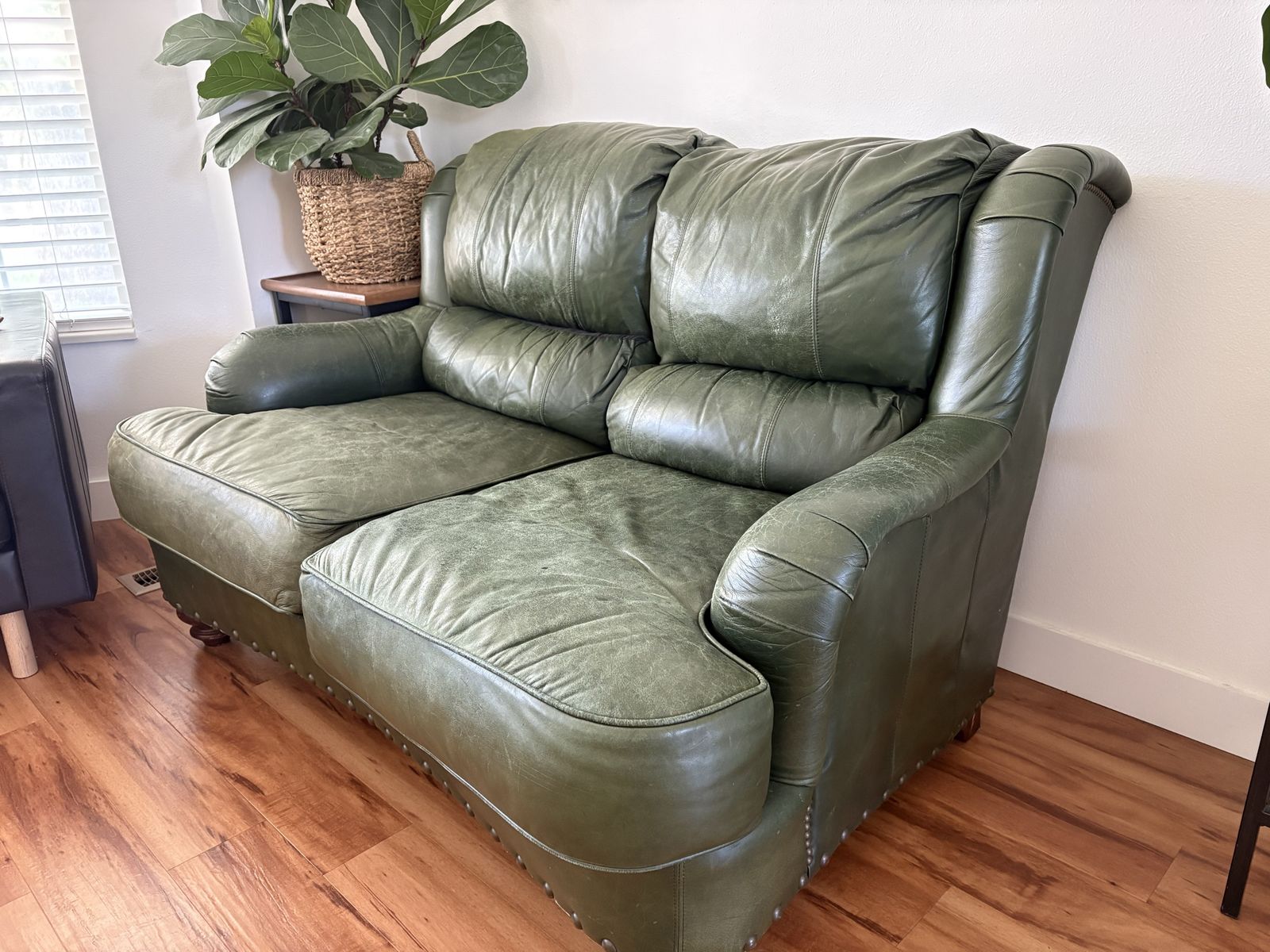 Green Leather Loveseat Sofa with Nailhead Trim