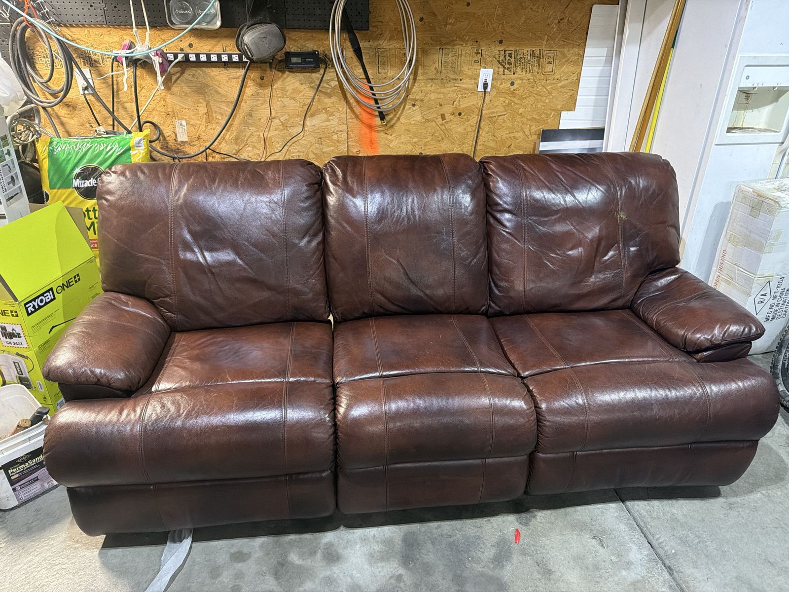 Brown Leather Reclining Sofa Couch - Comfortable 3-Seater