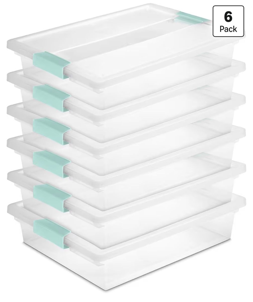 Brand new! Sterilite 6-Pack Clip Box, Stackable Clear Plastic Bins with Latching Lids