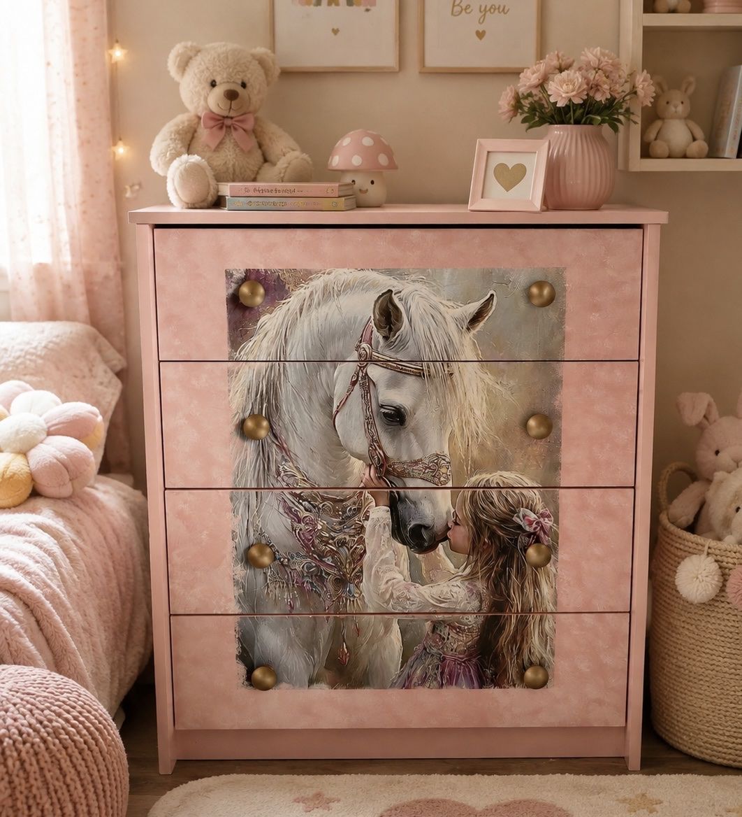 Pink Custom Horse Mural 4-Drawer Dresser Chest