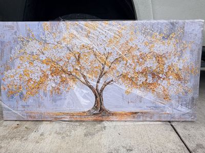 Large Textured Gold and White Tree Of Life Canvas Wall Art Painting