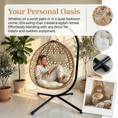 Wicker Rattan Hanging Egg Chair with Stand, Cushion, and 350lb Capacity - Indoor/Outdoor Swing Chair