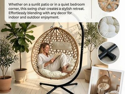 Wicker Rattan Hanging Egg Chair with Stand, Cushion, and 350lb Capacity - Indoor/Outdoor Swing Chair