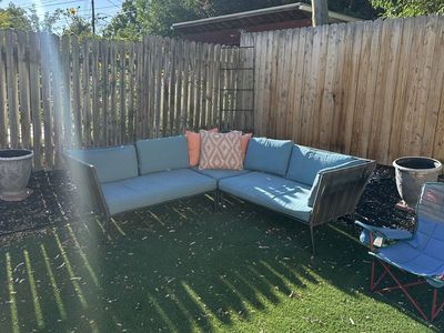 Stylish Outdoor Sectional Sofa with Blue Cushions - Perfect Patio Furniture Set