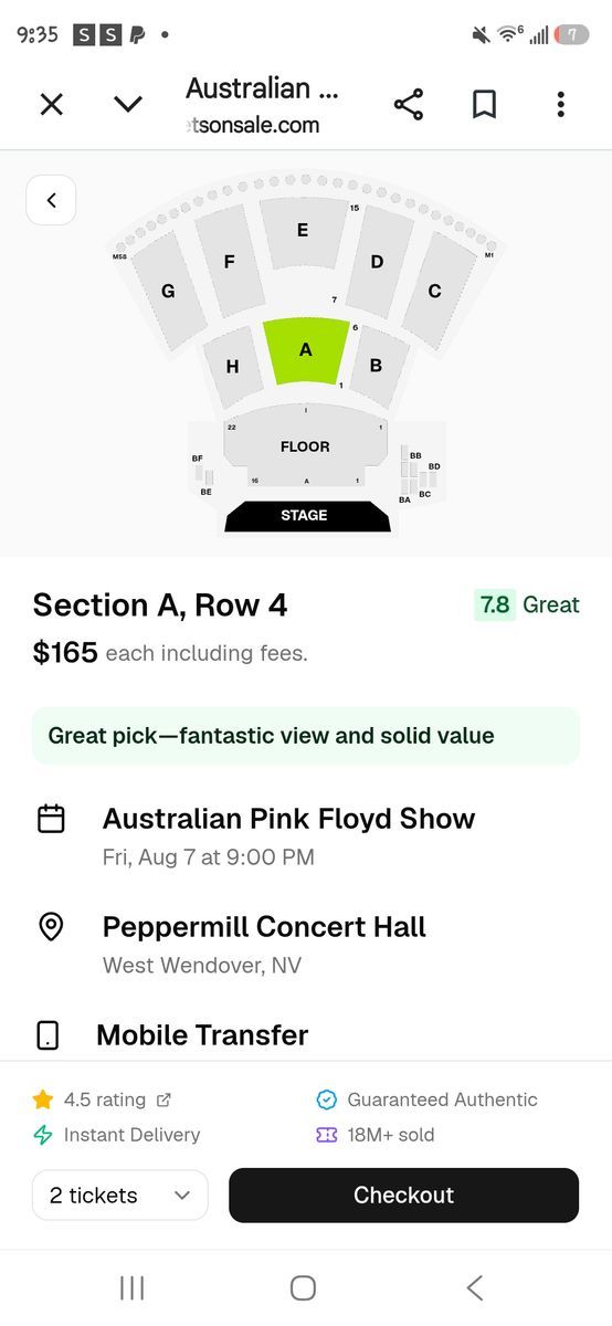 Australian Pink Floyd Show Ticket - Peppermill Concert Hall - Aug 7, 2026 - Section A, Row 5