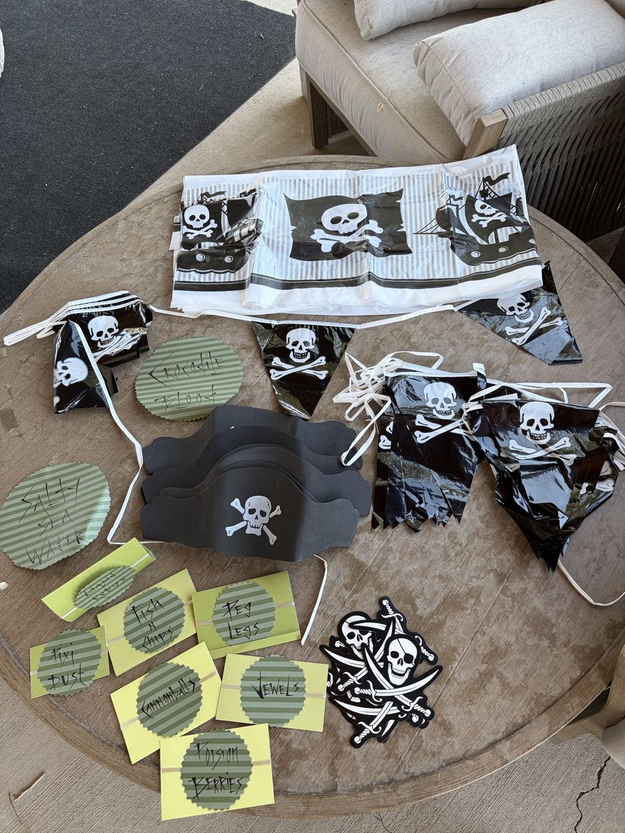 Pirate Party Decorations & Favors - Banner, Hats, Labels, Skulls & Swords Cutouts, UsedGood