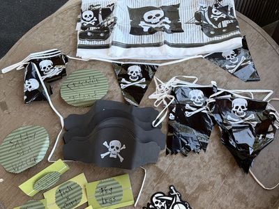 Pirate Party Decorations & Favors - Banner, Hats, Labels, Skulls & Swords Cutouts, UsedGood