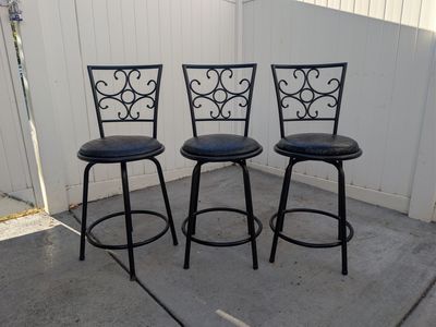 Set of 3 Black Wrought Iron Swivel Bar Stools with Padded Faux Leather Seats