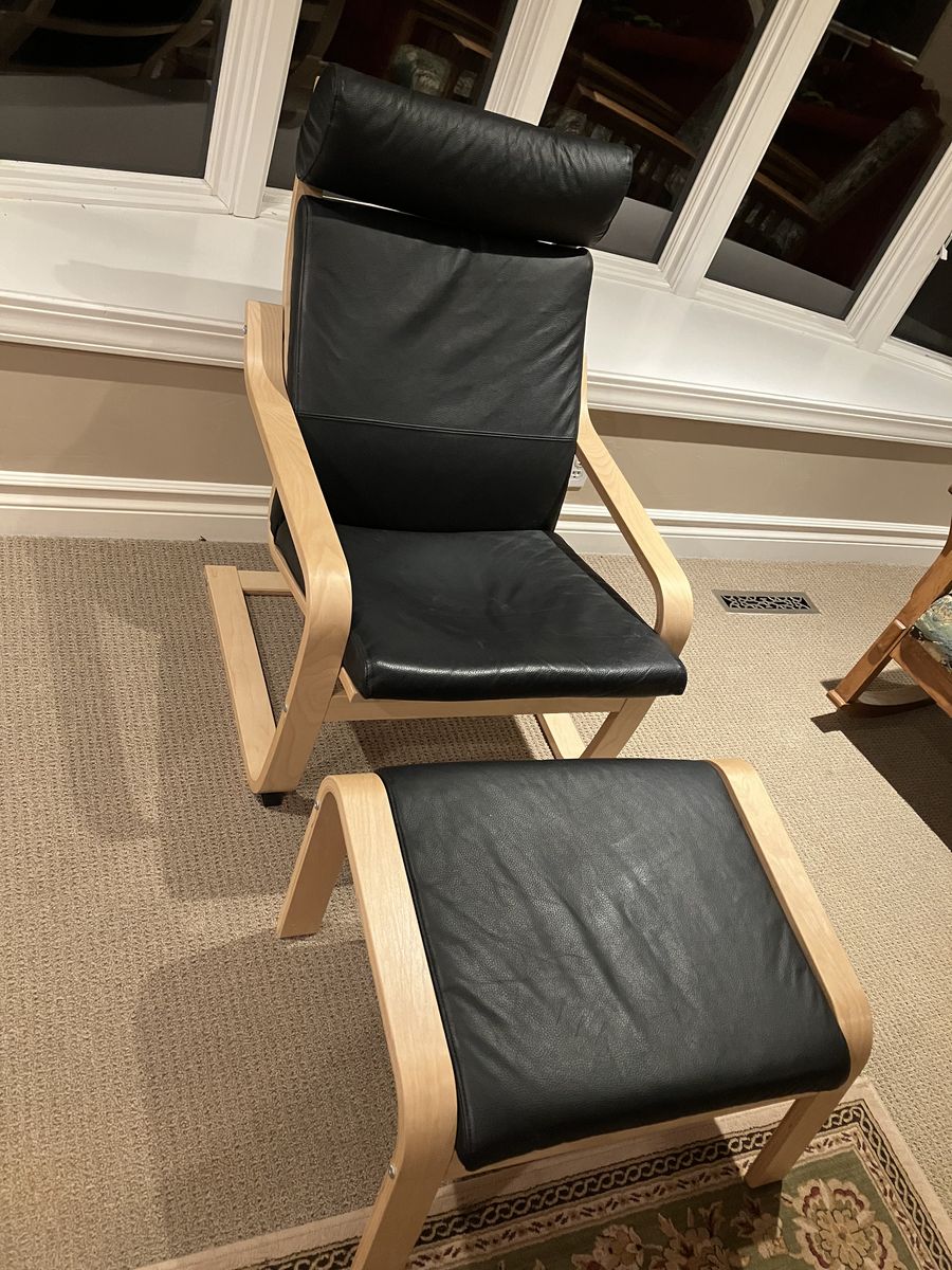 IKEA poang black leather chair with ottoman