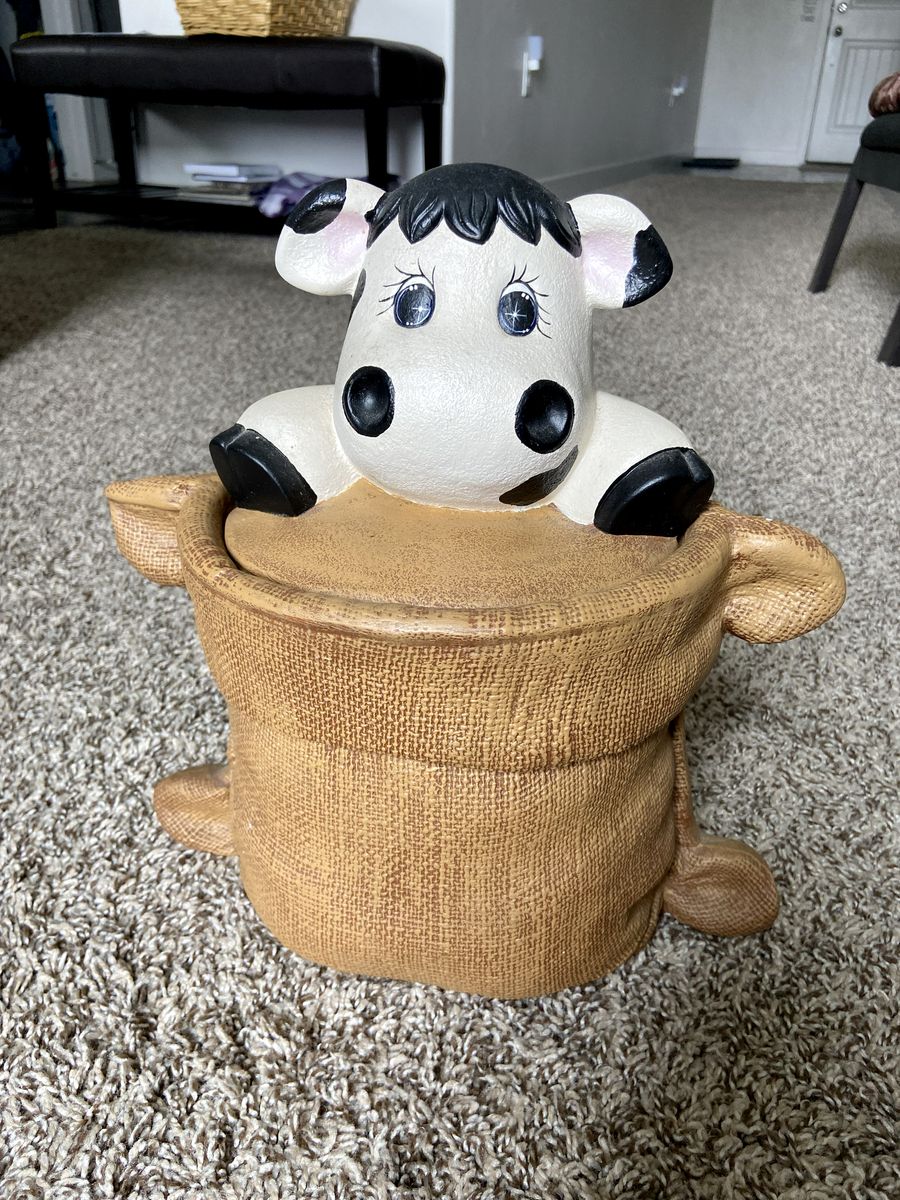 Vintage Cow in Burlap Sack Cookie Jar Farmhouse Kitchen Theme