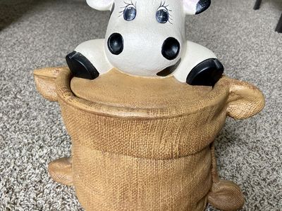 Vintage Cow in Burlap Sack Cookie Jar Farmhouse Kitchen Theme