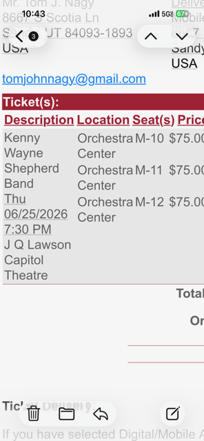 3 face value row 16 Kenny Wayne Shepherd 6/25/26 SLC Orchestra Level Tickets