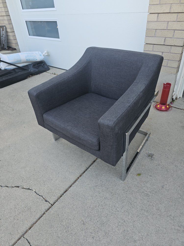 Modern Gray Fabric Armchair with Chrome Base - Accent Chair