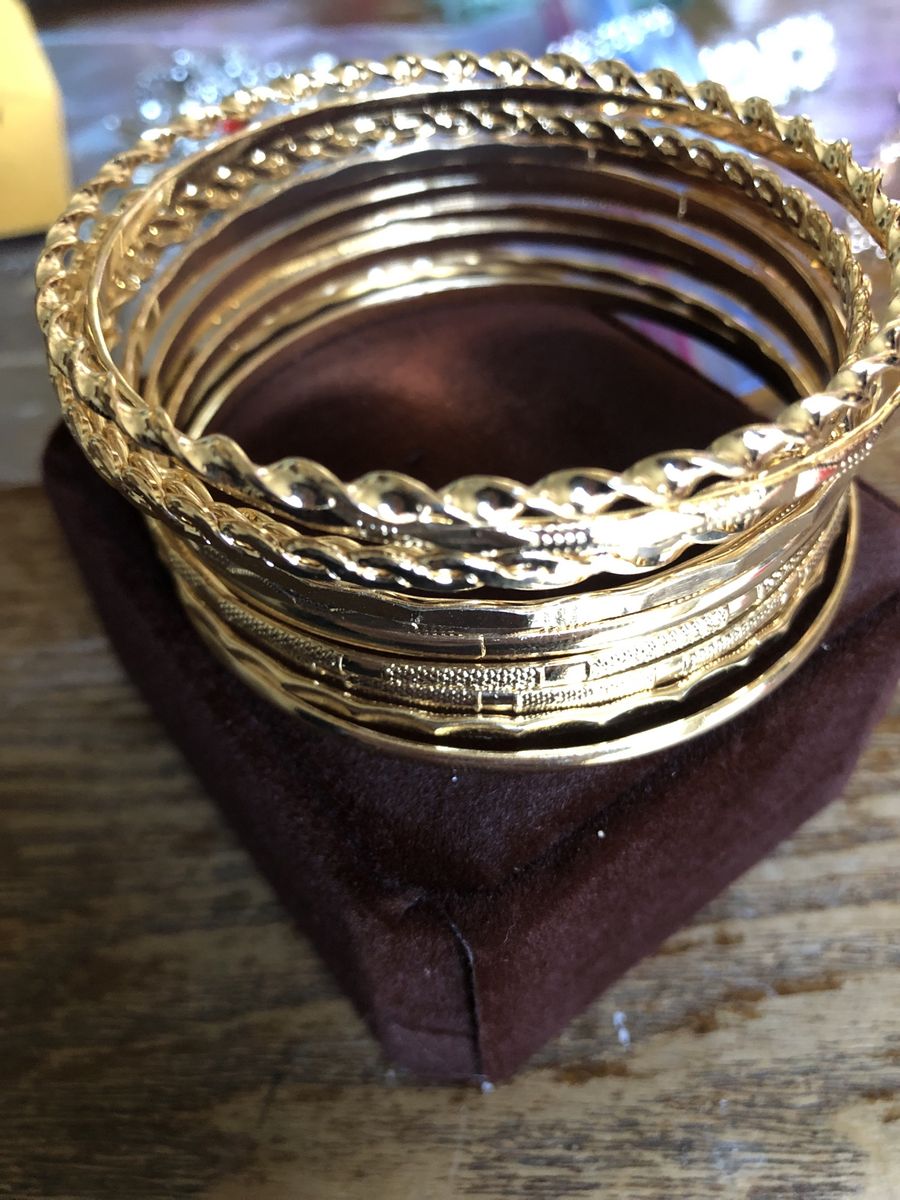 Elegant Gold-Tone Stackable Bangle Bracelet Set with Mixed Textures - 7 Pieces other 18k plated bracket and more