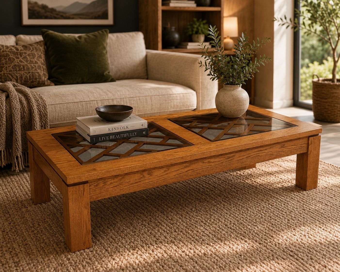Oak Wood & Glass Panel Coffee Table - Mid-Century Modern Style