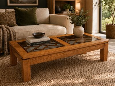 Oak Wood & Glass Panel Coffee Table - Mid-Century Modern Style
